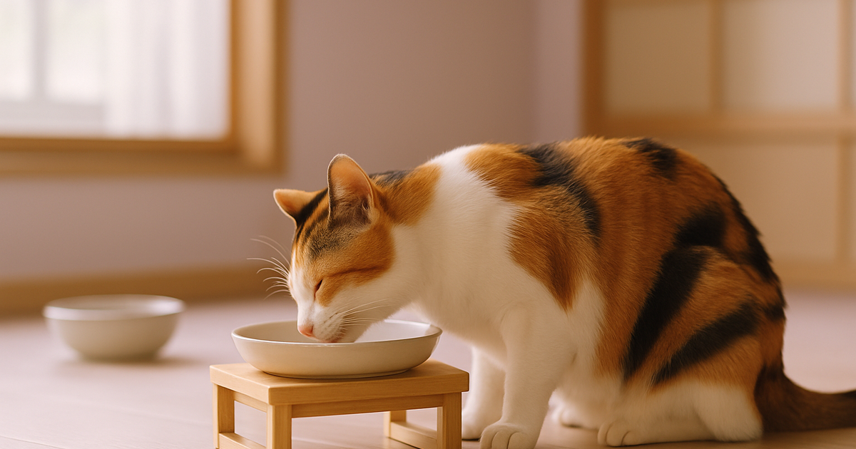 高さのある台に置いた浅い陶器の食器で食べる三毛猫