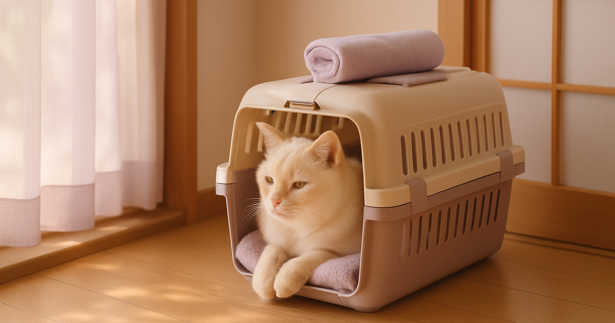 キャリーの中でくつろぐクリーム色の猫