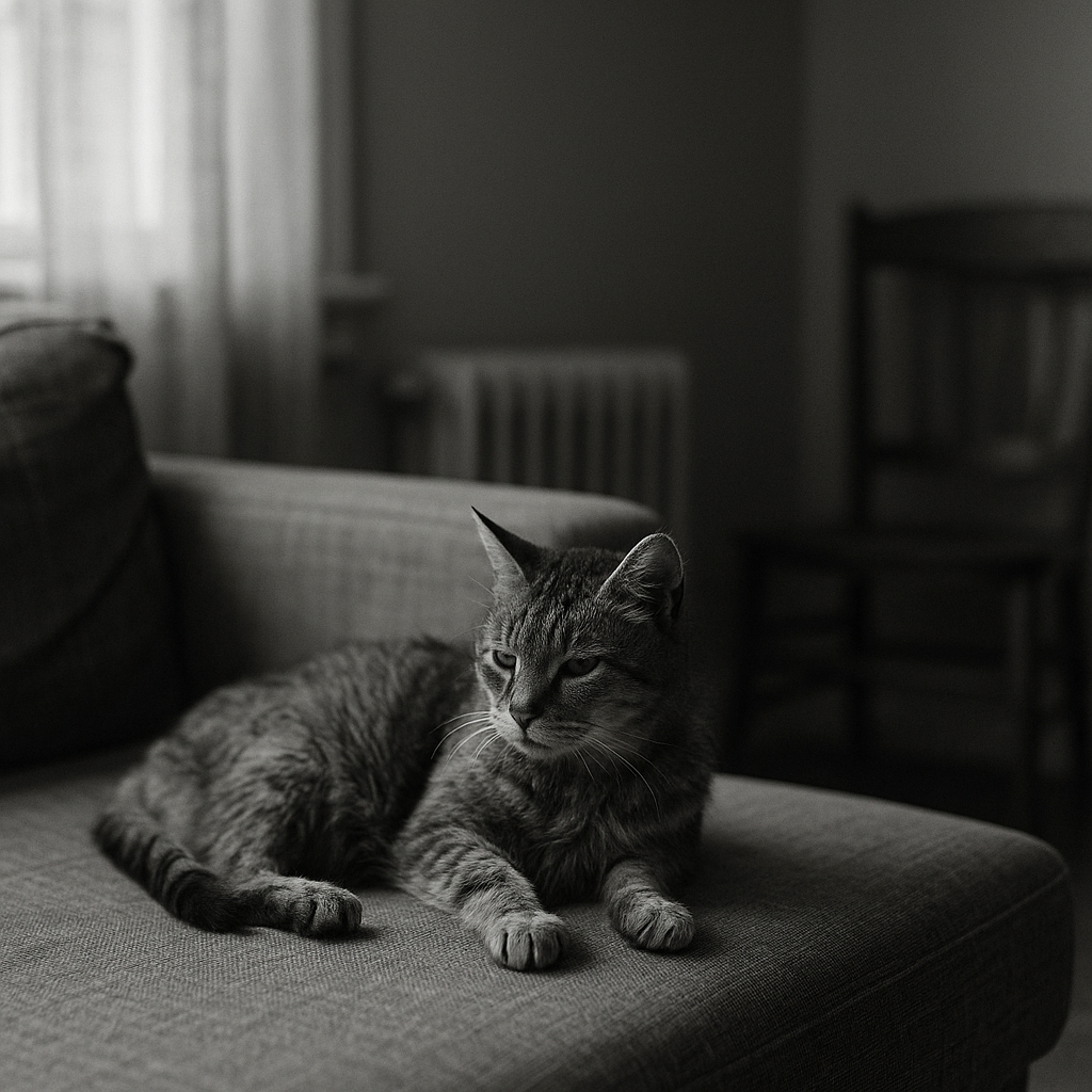 Black and white documentarystyle photographyA reallife cat resting naturally in a livedin home environmentNot staged not perfect not polishedImperfect-1